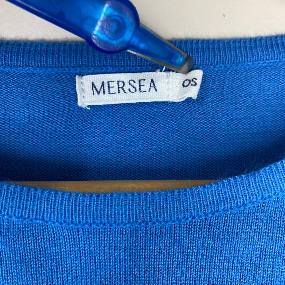 Mersea Blue Striped Oversized Sweater Red Heart Elbow Patches OS Pullover EUC - Picture 4 of 5